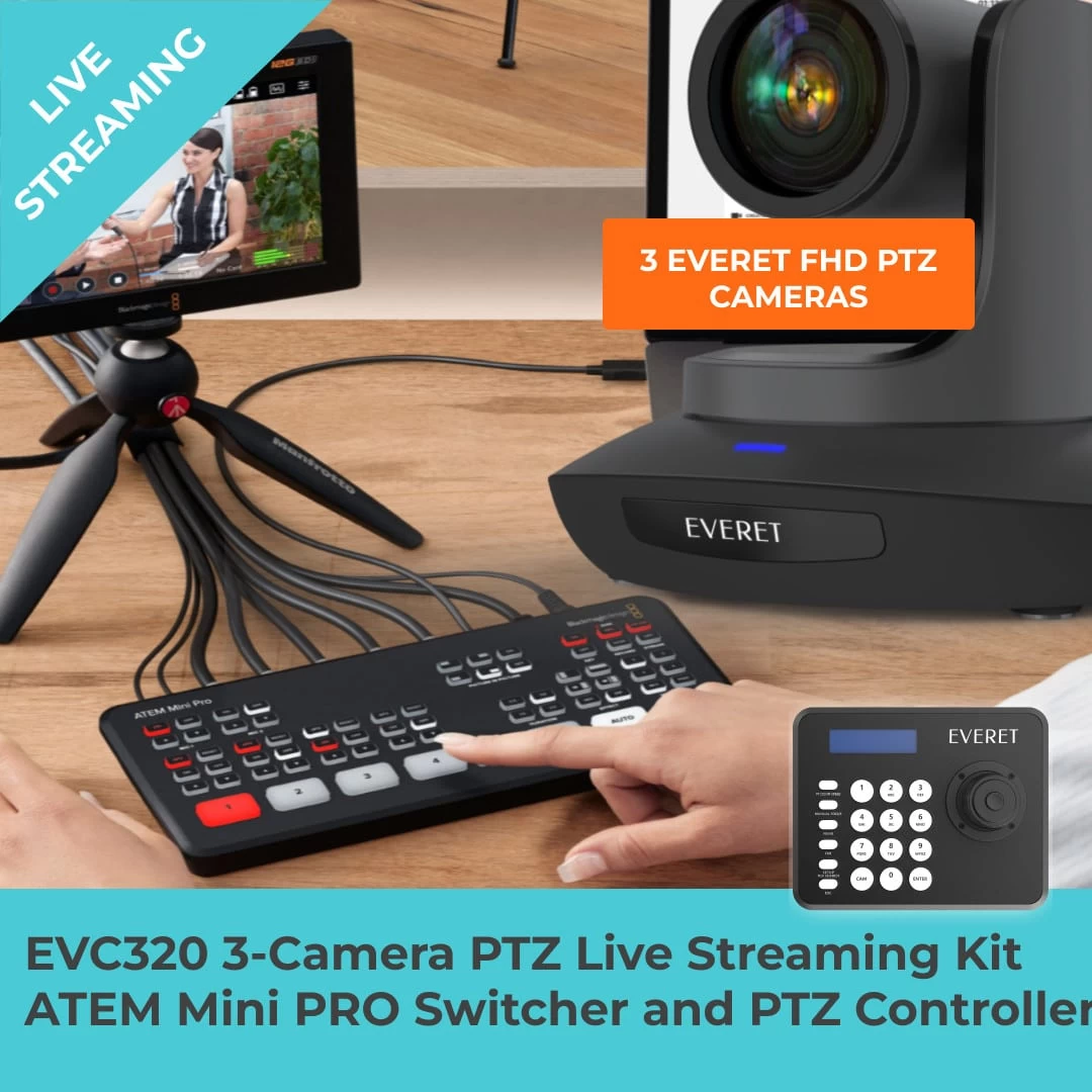 EVC320 3-Camera PTZ Live Streaming Kit | Blackmagic Design ATEM Mini Pro HDMI Video Switcher | EVKB-Mini PTZ Controller (Copy)