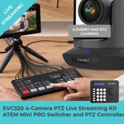 EVC320 4-Camera PTZ Live Streaming Kit | Blackmagic Design ATEM Mini Pro HDMI Video Switcher | EVKB-Mini PTZ Controller